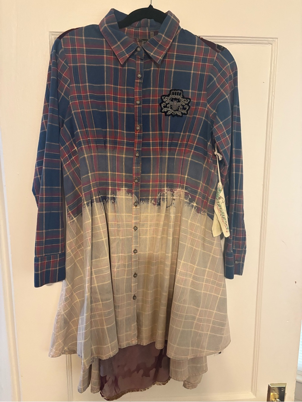 NWT Aratta Red and Blue Plaid Button-Front Dress. Sheer floral velvet back.